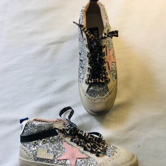 Golden goose mid star Silver Glitter High-Top Sneakers with Pink Star - Picture 3 of 16